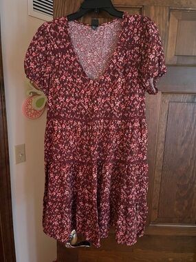 wild fable Burgundy Floral Tiered V-Neck Mini Dress